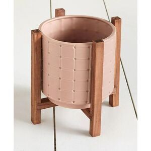 Ceramic Planter on Wood Stand Soft Pink Textured Design 8 dia. x 8-1/4 inch NEW